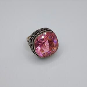 Pink Faceted Cocktail Statement Ring Huge .75" Square Stone Sz 6.25
